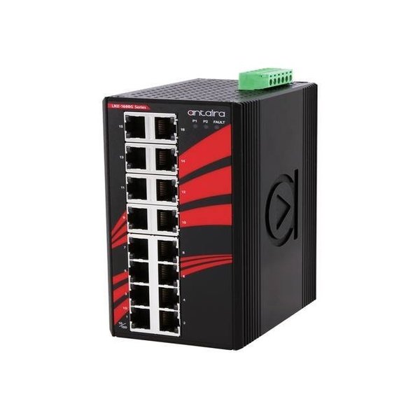 Antaira 16-Port Industrial Gigabit Unmanaged Ethernet Switch, w/16-10/100/1000Tx; EOT: -40 deg C ~ 75 deg C LNX-1600G-T